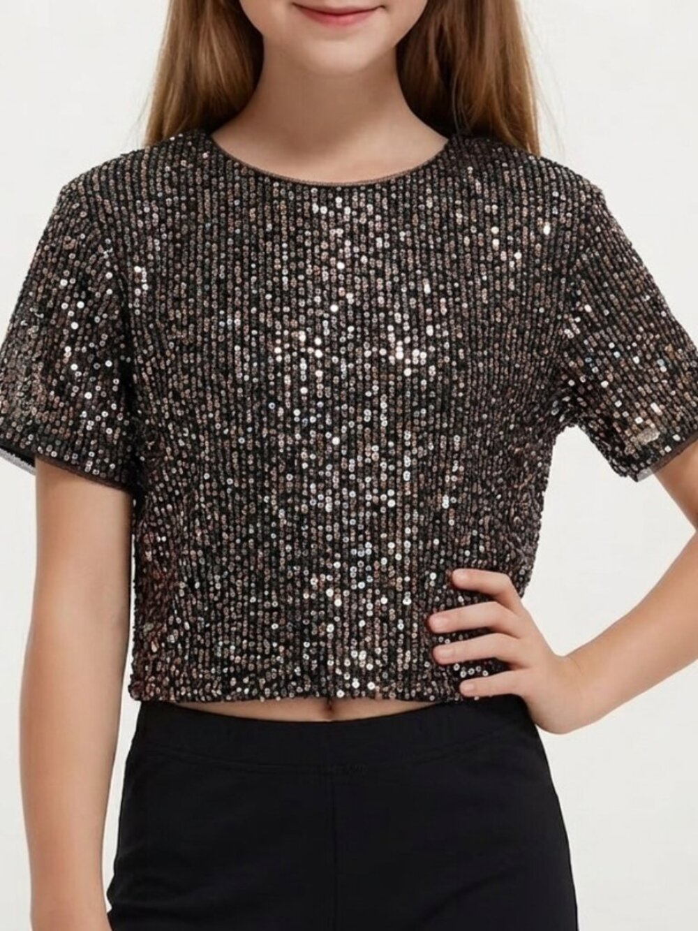 Cat & Jack Girls Sequin Short Sleeve Top Black Bronze Sparkle Size M (8)